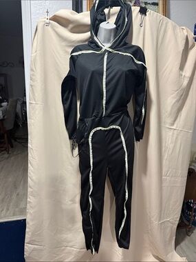 Black Hooded Jumpsuit with Reflective Trim Light up green